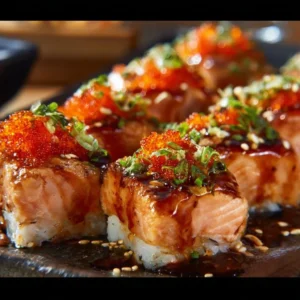 Baked spicy salmon sushi topped with avocado and sesame seeds in a casserole dish