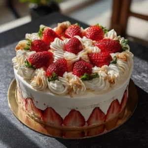 Strawberries and Cream Cheesecake Cake with fresh strawberries and creamy layers