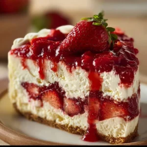Strawberries and Cream Dream Layer Cheesecake Cake topped with fresh strawberries