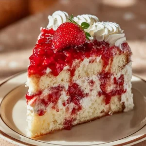 Strawberries and cream layer cheesecake cake topped with fresh strawberries.