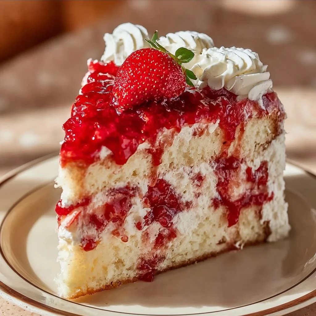 Strawberries and cream layer cheesecake cake topped with fresh strawberries.