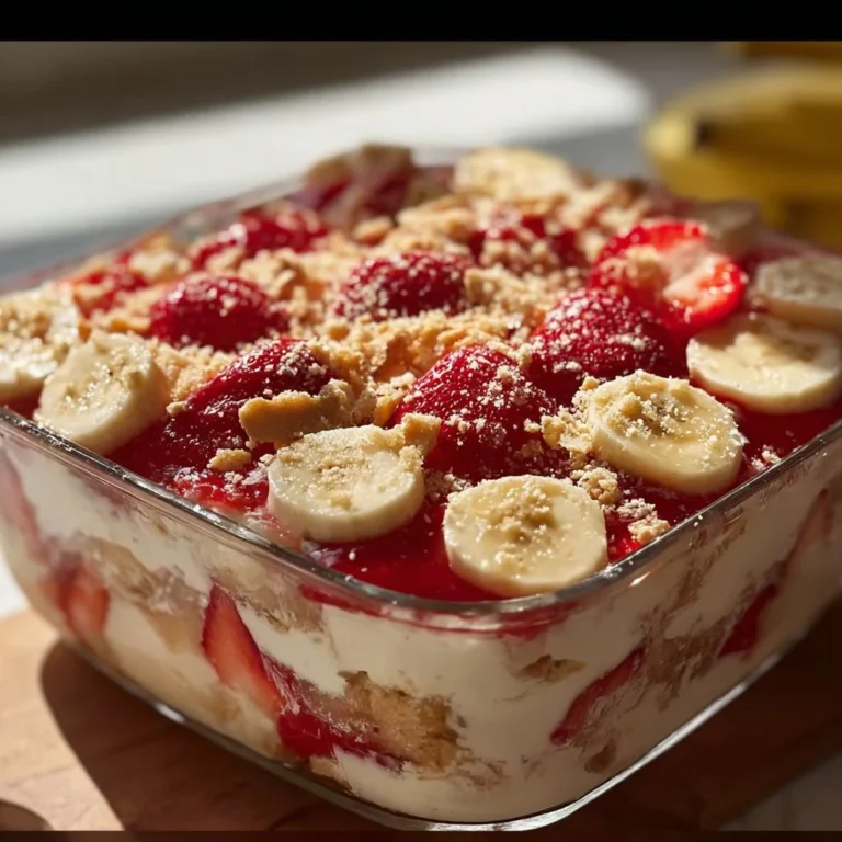 Strawberry Banana Pudding Dream dessert with layers of banana and strawberry.