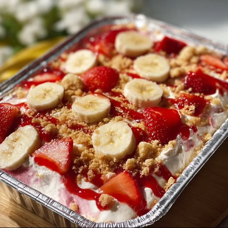 Strawberry cheesecake banana pudding topped with fresh strawberries and whipped cream