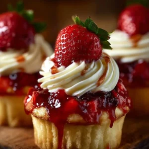 Strawberry Cheesecake Cupcakes topped with fresh strawberries and creamy frosting