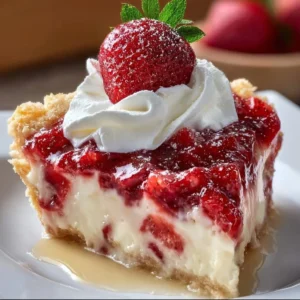 Slice of strawberry cheesecake dump cake on a plate with fresh strawberries.