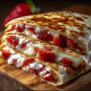 Delicious strawberry cheesecake quesadillas served on a plate with fresh strawberries.