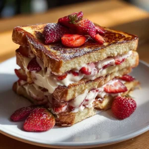 Delicious strawberry cheesecake stuffed French toast topped with fresh strawberries