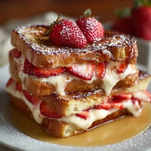 Delicious strawberry cheesecake stuffed French toast on a plate