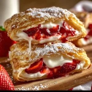 Freshly baked Strawberry Cheesecake Turnovers on a plate with strawberries.