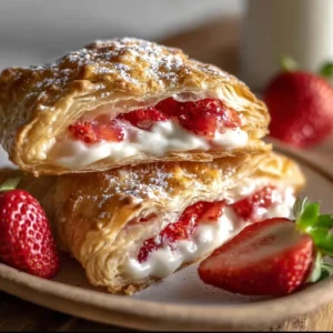 Plate of freshly baked strawberry cheesecake turnovers with a dusting of powdered sugar.
