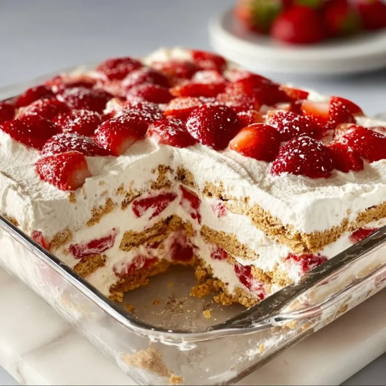 Slice of Strawberry Cream Cheese Icebox Cake with fresh strawberries on top