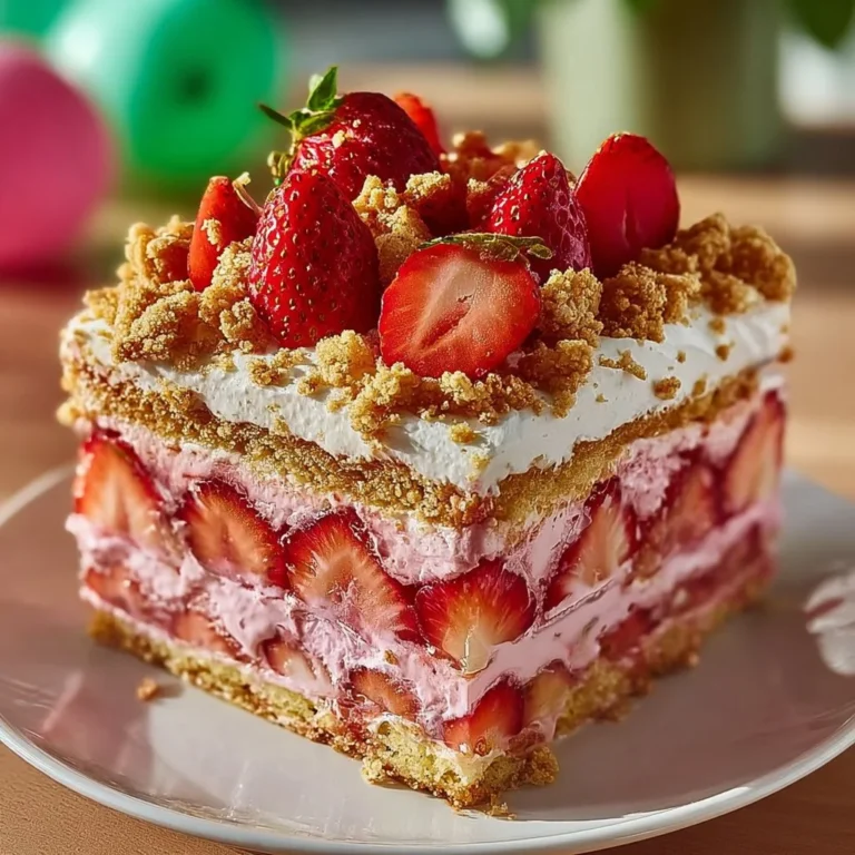Delicious Strawberry Crunch Cake with fresh strawberries and a crunchy topping