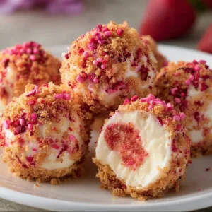 Delicious strawberry crunch cheesecake bites garnished with fresh strawberries