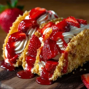 Strawberry crunch cheesecake tacos topped with whipped cream and strawberries