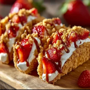 Strawberry Crunch Cheesecake Tacos served on a plate