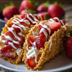 Strawberry Crunch Cheesecake Tacos with fresh strawberries and creamy filling