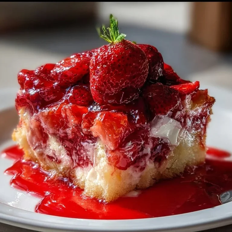 Strawberry Earthquake Cake topped with fresh strawberries and cream.