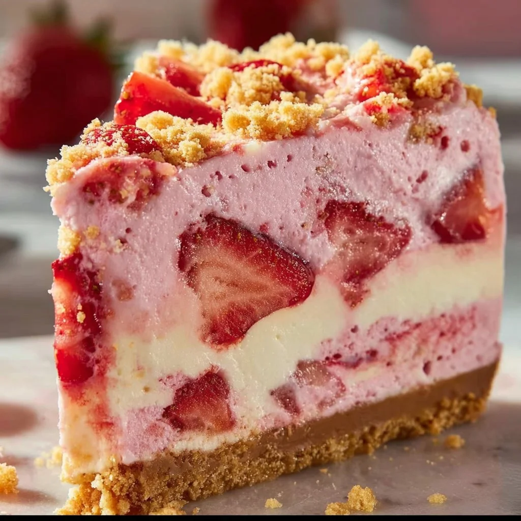 Delicious Strawberry Shortcake Cheesecake topped with fresh strawberries