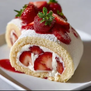 Strawberry shortcake cheesecake rolls served on a white plate with fresh strawberries.