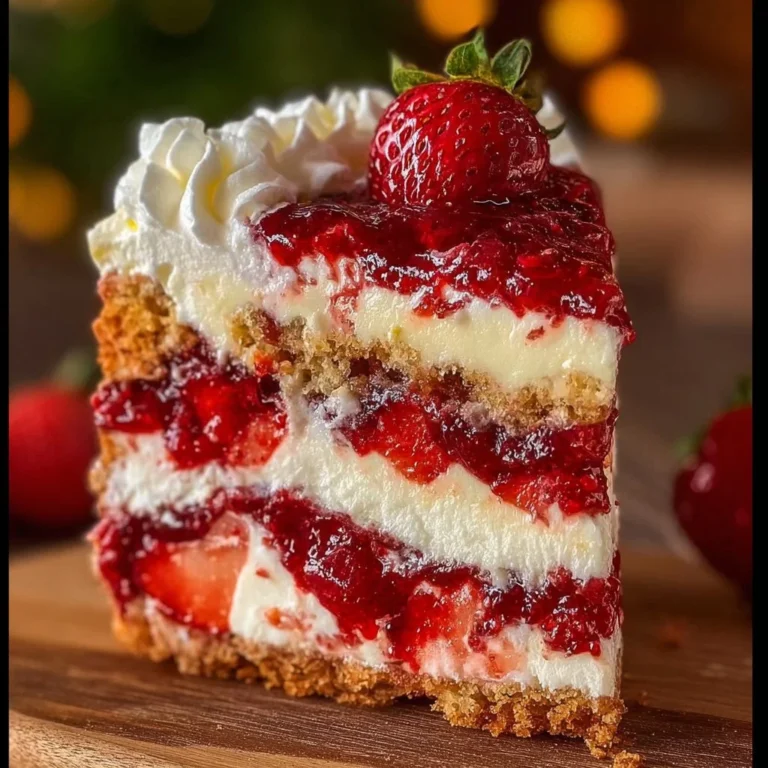 Delicious layered slice of strawberry shortcake with fresh strawberries