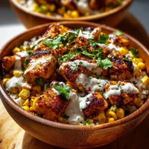 Delicious Street Corn Chicken Bowl with chicken, corn, and spices