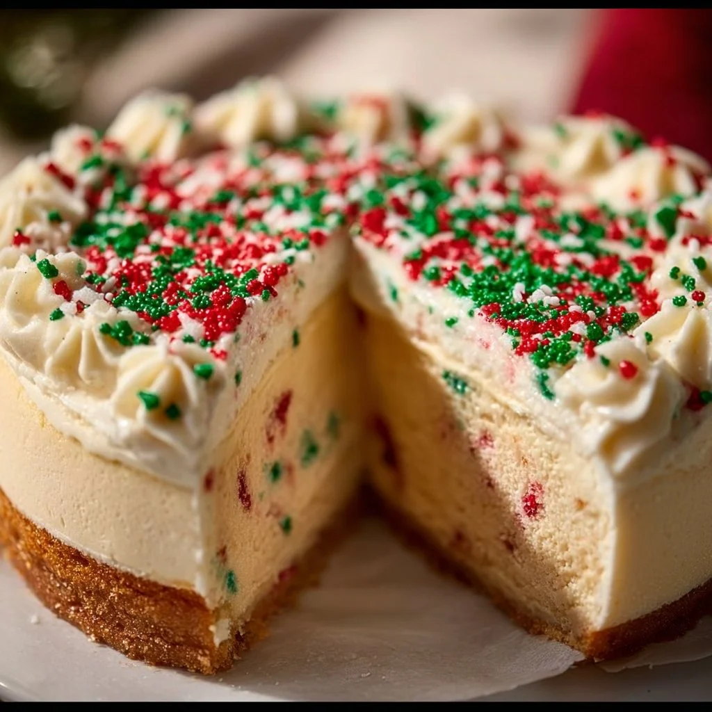Delicious sugar cookie cheesecake slice topped with frosting and sprinkles
