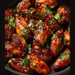 Plate of sweet and spicy chicken wings garnished with cilantro and sesame seeds