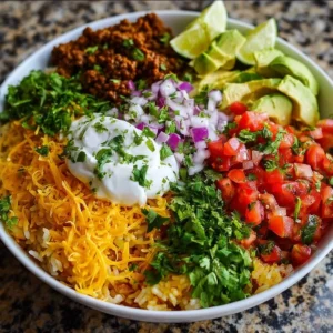 Delicious Taco Rice Bowl topped with fresh ingredients and served in a bowl