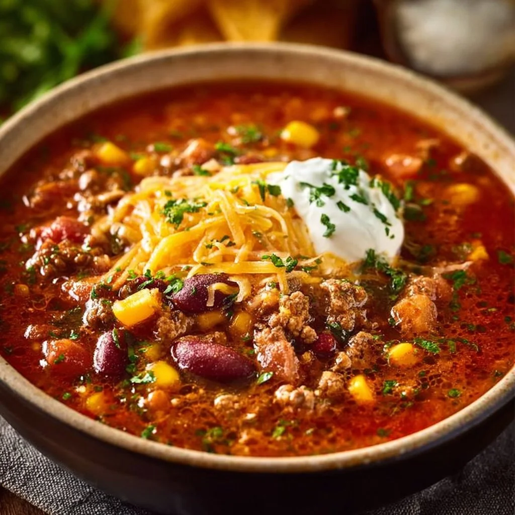 Bowl of flavorful taco soup garnished with fresh toppings