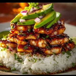 Delicious honey lime chicken served with avocado rice stack