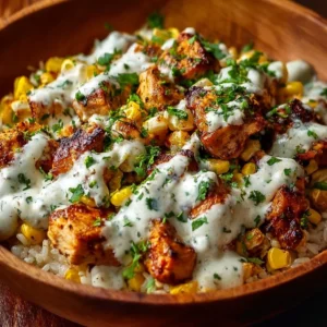 Delicious street corn chicken bowl featuring smoky and creamy flavors