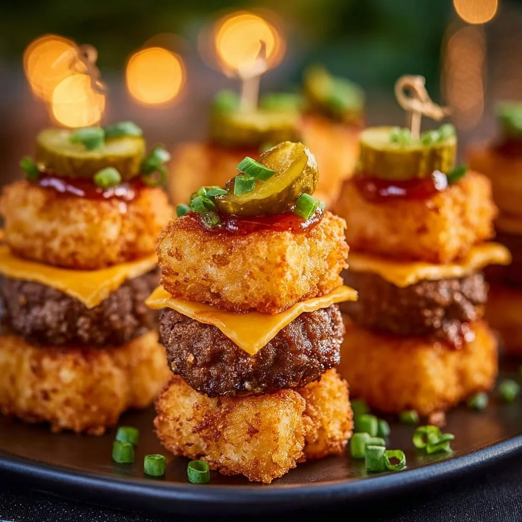 Tater Tot Mini Cheeseburger Bites served on a platter