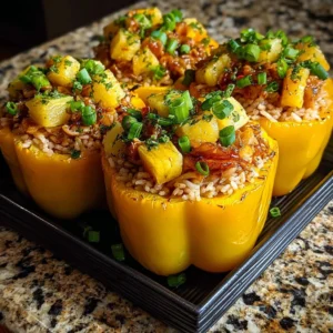 Delicious Teriyaki Pineapple Chicken and Rice Stuffed Peppers served on a plate