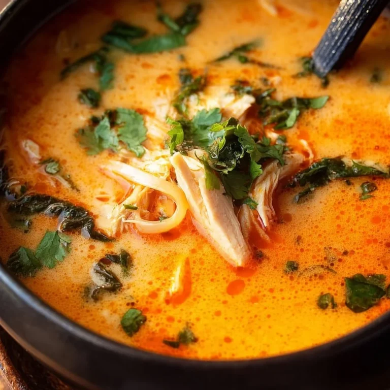 A bowl of Thai Inspired Chicken Soup garnished with fresh herbs and spices.