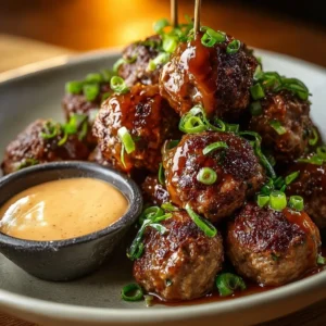 Korean BBQ Meatballs served with a spicy mayo dip on a platter