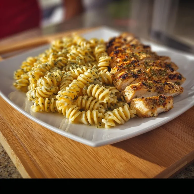 Creamy garlic parmesan chicken pasta served with herbs and parmesan cheese