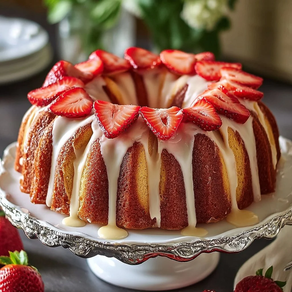 Ultimate strawberry cream cheese pound cake topped with fresh strawberries