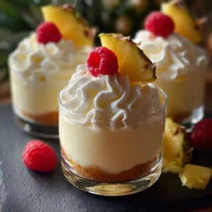 Tropical Pina Colada Cheesecake Mousse garnished with pineapple and coconut