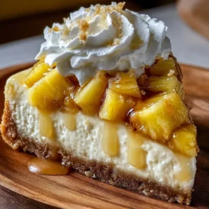 A slice of creamy Tropical Pineapple Cheesecake topped with fresh pineapple.