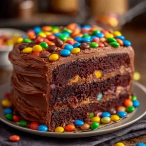 Ultimate Chocolate M&M Celebration Cake with colorful candies and rich chocolate frosting