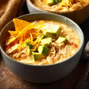 Bowl of creamy white chicken chili topped with cilantro and lime.