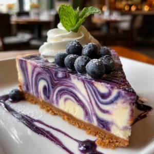 White chocolate blueberry cheesecake topped with fresh blueberries and chocolate drizzle.