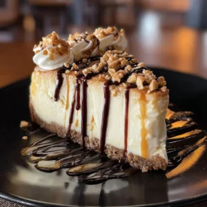 Slice of white chocolate peanut butter cheesecake topped with whipped cream