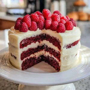 Deliciously layered White Chocolate Raspberry Dream Cake with fresh raspberries.