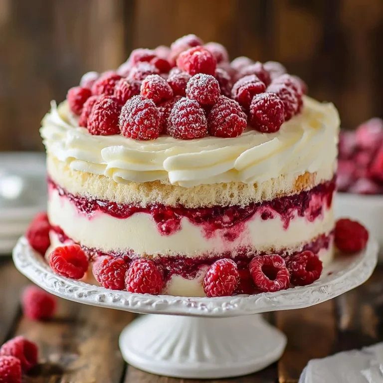 Delicious White Chocolate Raspberry Cake with fresh raspberries and creamy frosting