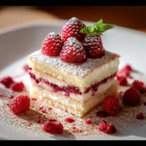 Delicious White Chocolate Raspberry Tiramisu dessert on a decorative plate.
