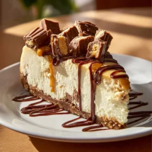 Delicious White Chocolate Reese’s Dream Cheesecake topped with chocolate and peanut butter.