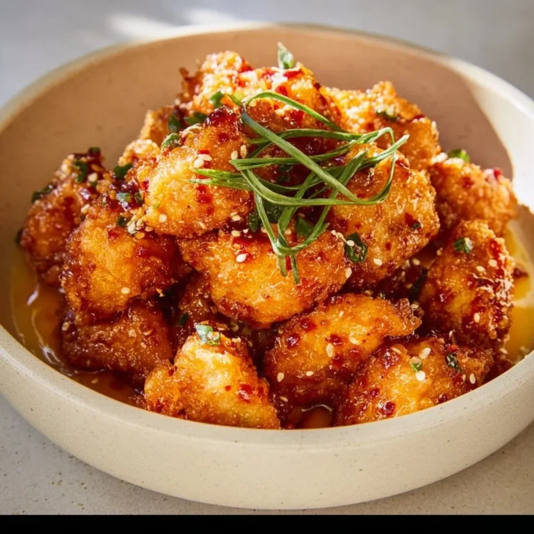 Delicious Air Fryer Bang Bang Chicken served with spicy sauce and garnish.