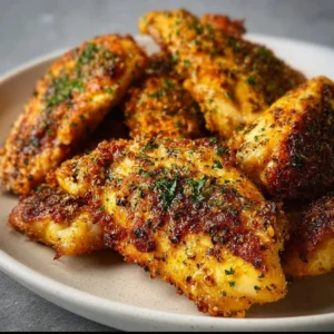 Juicy Air Fryer Chicken Breast garnished with herbs on a plate