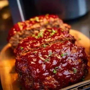 Delicious air fryer meatloaf served with vegetables and sauce